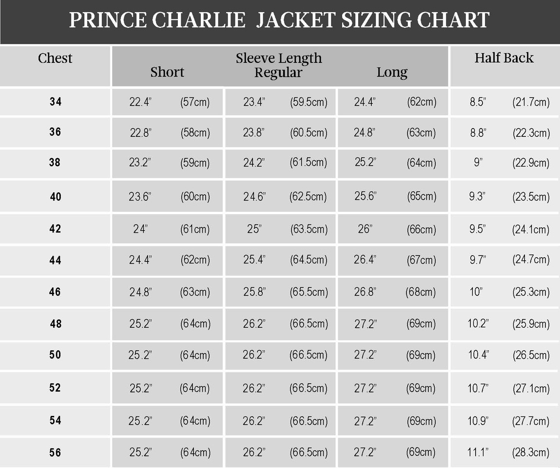 Sizeguide jacket prince charlie